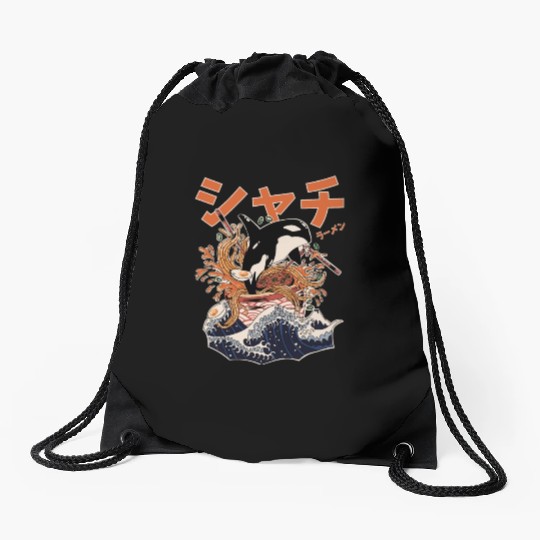 The Great Orca Killer Whale Ramen (Japanese Text) Drawstring Bags
