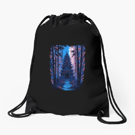 Japanese Temple in a Bamboo Forest Drawstring Bags