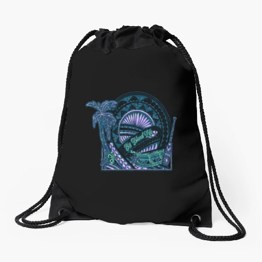 Big Island Outrigger Canoe Teal Tribal Drawstring Bags