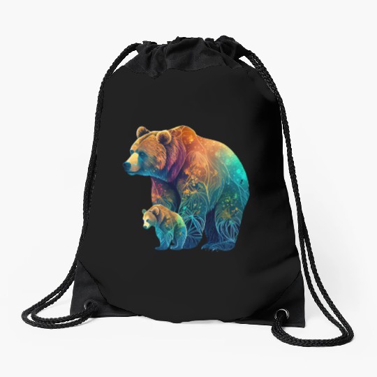 Mother Bear and Cub Sublimation Graphic Wild 1 Drawstring Bags