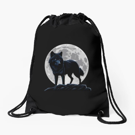 Wolf howling at the moon graphic Drawstring Bags