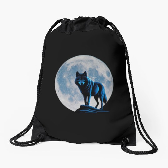 Wolf howling at the moon graphic Drawstring Bags