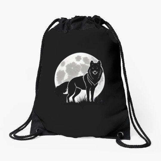Wolf howling at the moon graphic Drawstring Bags