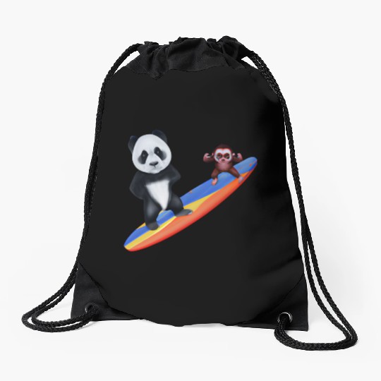 Surfing panda and monkey Drawstring Bags