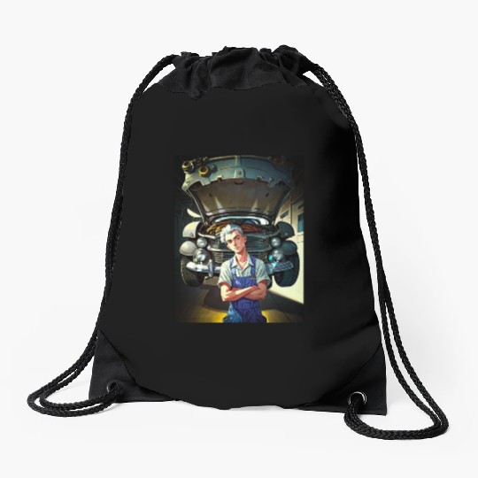 The mechanic who loves his job Drawstring Bags