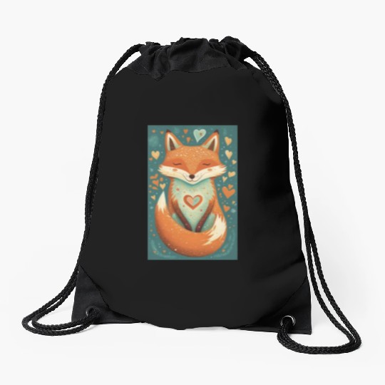 fox forest animals love heart nature animal kid Drawstring Bags
