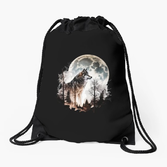 Wolf Moonlight Forest Wild Werewolf Watercolor 5 Drawstring Bags