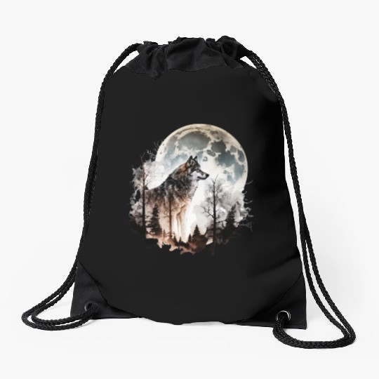 Wolf Moonlight Forest Wild Werewolf Watercolor 5 Drawstring Bags