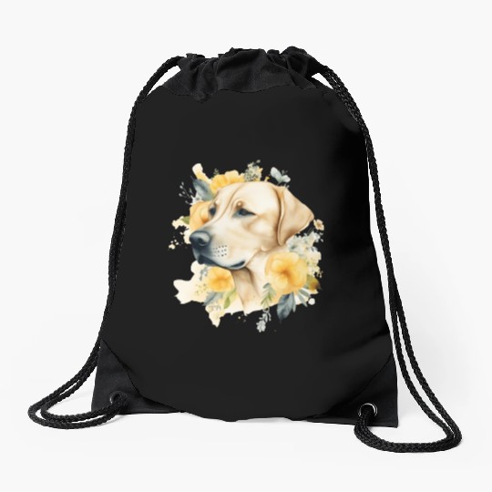 Yellow Lab Dog Watercolor Floral Drawstring Bags