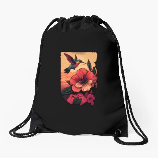 Hummingbird flies over hibiscus flower Tropical Drawstring Bags