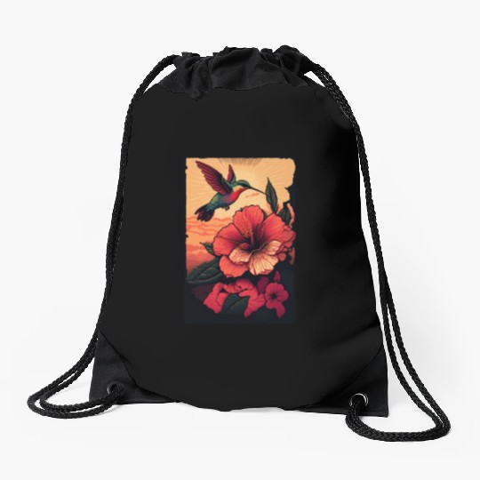 Hummingbird flies over hibiscus flower Tropical Drawstring Bags