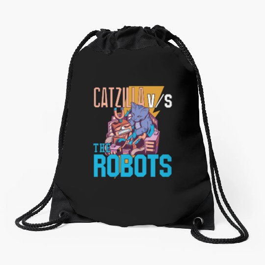 Catzilla Versus Robot Drawstring Bags