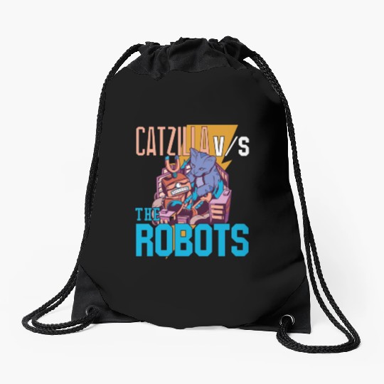 Catzilla Versus Robot Drawstring Bags
