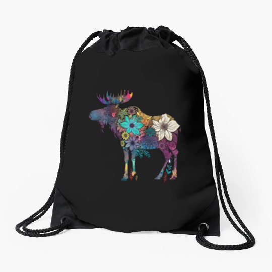 Floral Moose Elk Deer Wild Animal Watercolor Drawstring Bags