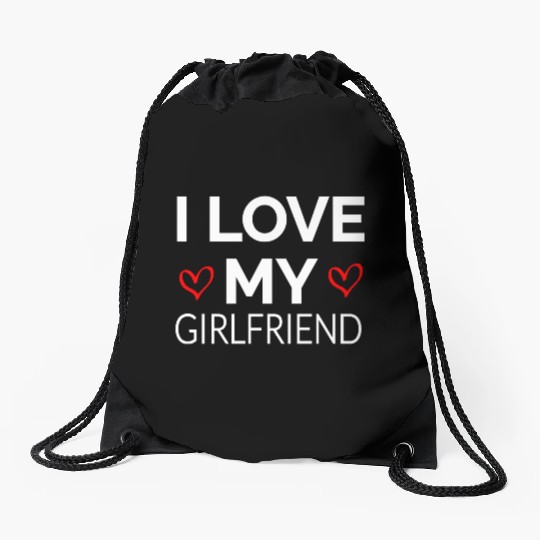 i LOVE MY GIRLFRIEND Drawstring Bags