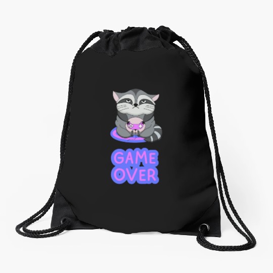 Game Over fat wicked raccoon playing on a console Drawstring Bags