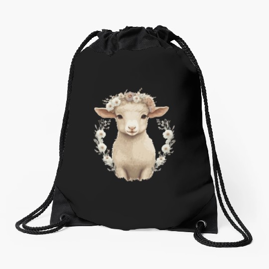 Cute Lamb Flower Crown Sheep Baby Floral Farm Anim Drawstring Bags