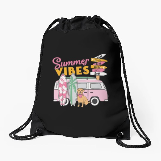 Summer Vibes Sand Beach Surf Relax Shells Sun Drawstring Bags