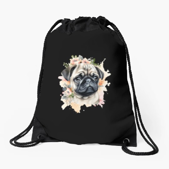 Pug Dog Watercolor Floral Drawstring Bags
