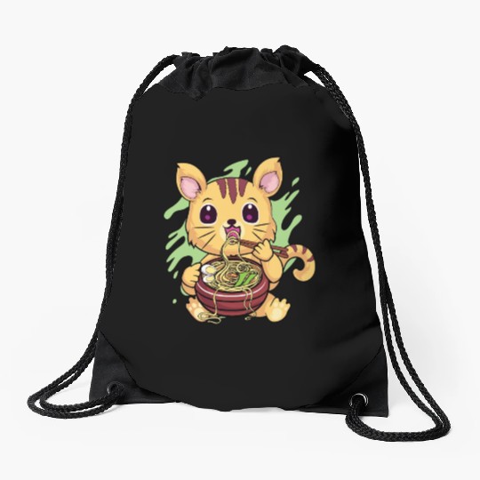 Kawaii Cat Eating Ramen Drawstring Bags