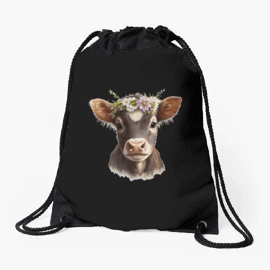 Calf Flower Crown Baby Cow Floral Farm Animal Pet Drawstring Bags