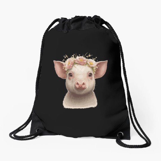 Cute Piglet Flower Crown Baby Pig Floral Farm Anim Drawstring Bags