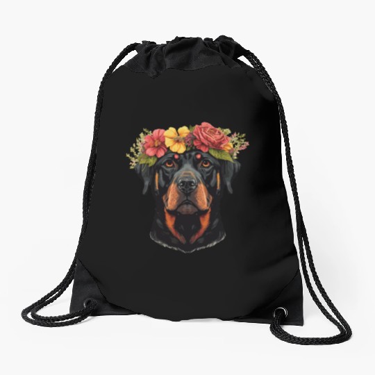 Cute Rottweiler Flower Crown Pet Dog Breed Floral Drawstring Bags