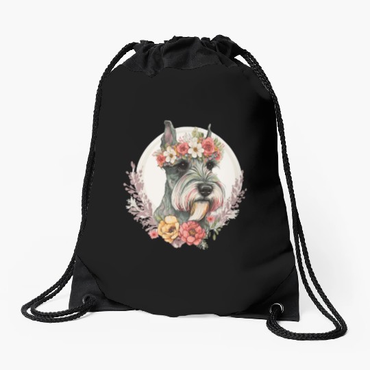 Cute Mini Schnauzer Flower Crown Pet Dog Breed Flo Drawstring Bags