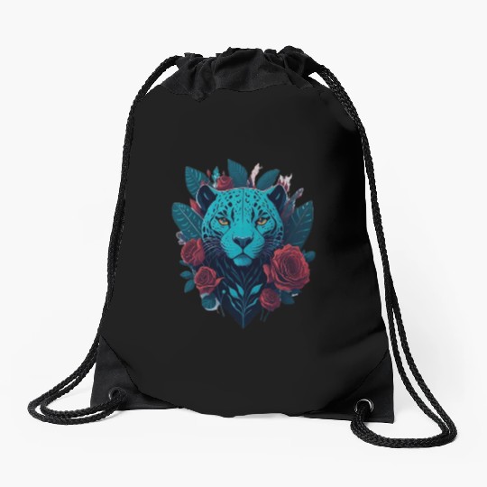 cute jaguar with red flowers Drawstring Bags