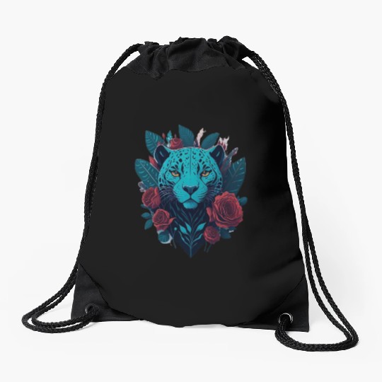 cute jaguar with red flowers Drawstring Bags