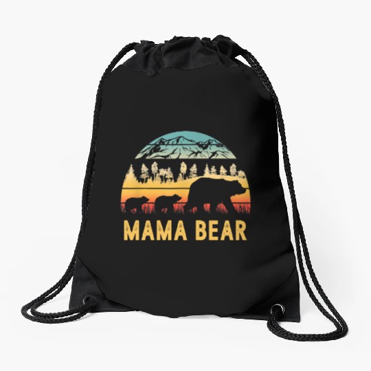 Mama Bear with 2 Cubs Retro Mountains Mother's day Drawstring Bags