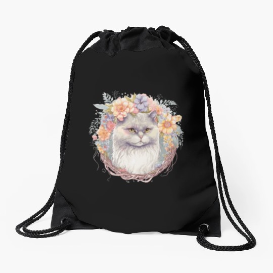 Cute Persian Cat Flower Crown Cats Pet Kitten Drawstring Bags