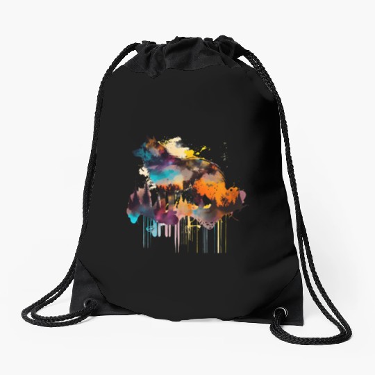 Mountain Wolf Multicolor Watercolor Portrait Drawstring Bags