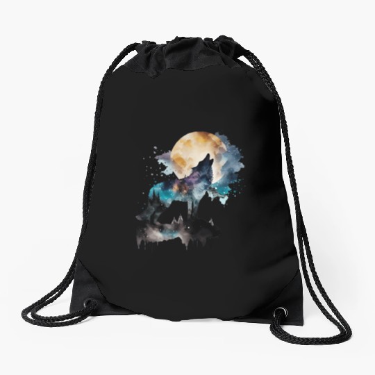Mountain Wolf Multicolor Watercolor Portrait Drawstring Bags