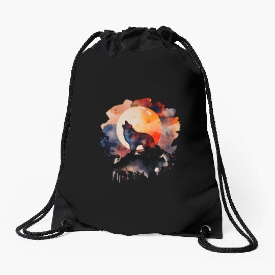Wolf Howling at Moon Watercolor Drawstring Bags