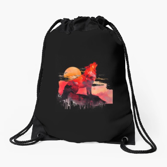 Red Wolf Watercolor Portrait Drawstring Bags