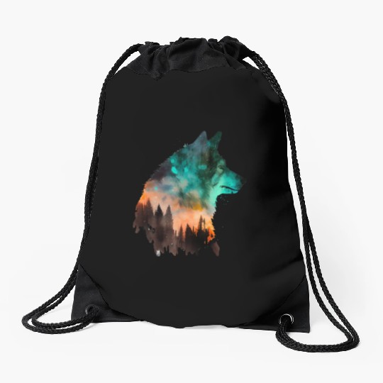 Forest Wolf Multicolor Watercolor Portrait Drawstring Bags