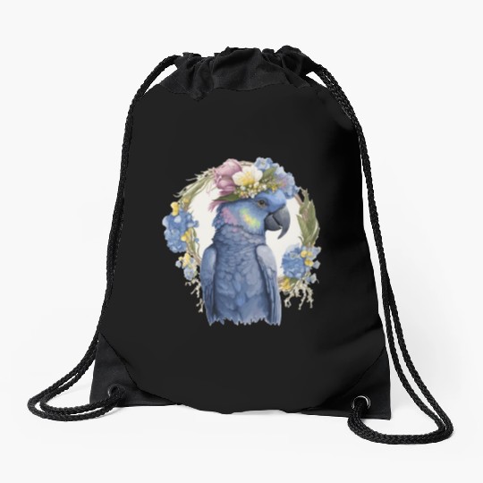 Cute Hyacinth Macaw Parrot Bird Flower Crown Pet B Drawstring Bags