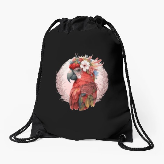 Red Scarlet Macaw Flower Crown Parrot Watercolor B Drawstring Bags