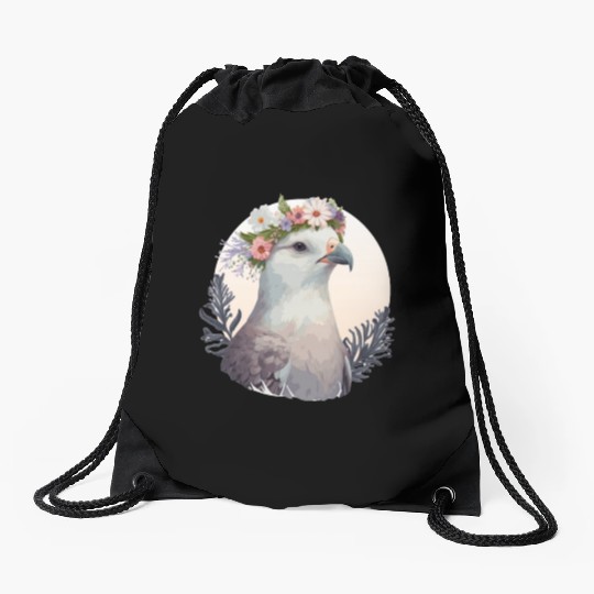 Cute Fulmar Bird Flower Crown Floral Tropical Bird Drawstring Bags