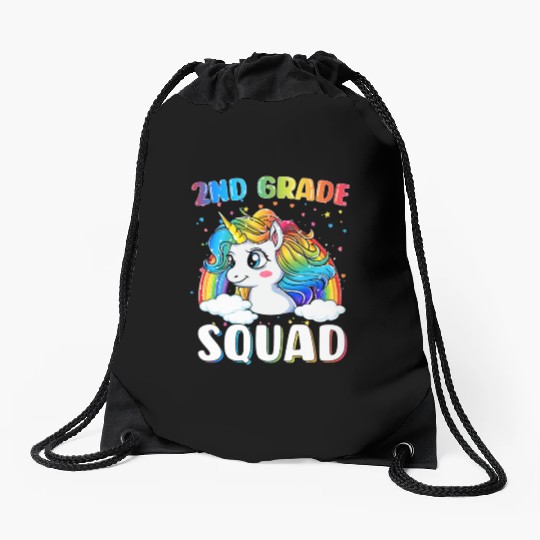 2nd Grade Squad Unicorn Rainbow Back Drawstring Bags