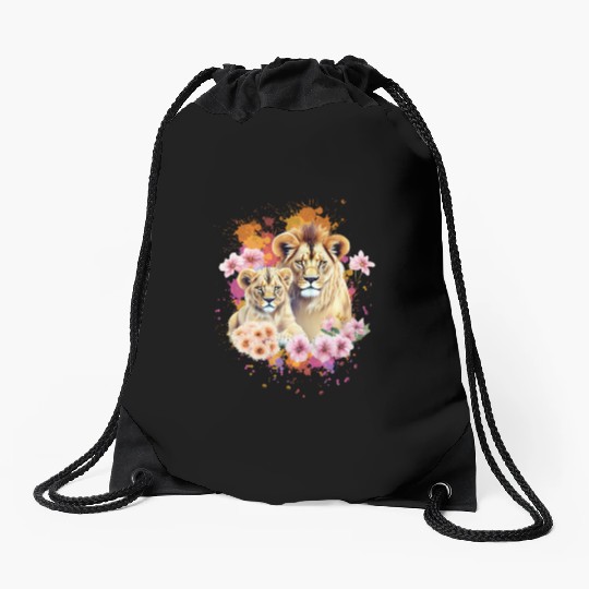 Lion Mom & Son Cubs with Flower Watercolor Drawstring Bags