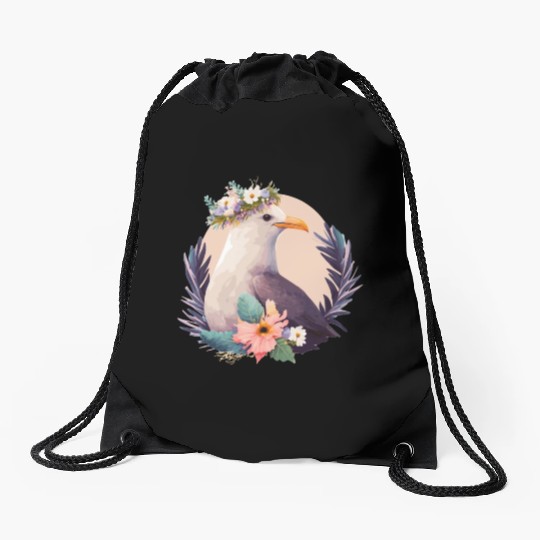 Cute Seagull Bird Flower Crown Floral Birds Drawstring Bags
