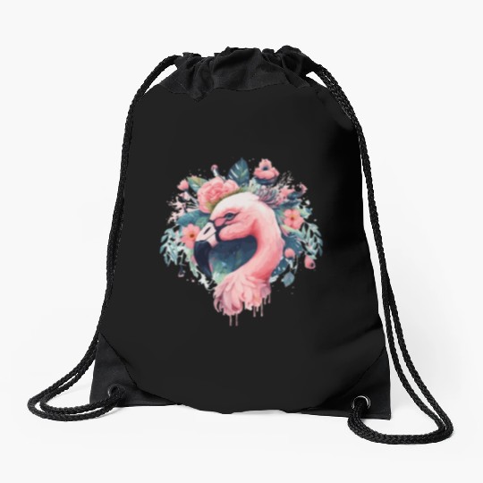 Cute Pink Flamingo Tropical Bird Flower Crown Flor Drawstring Bags