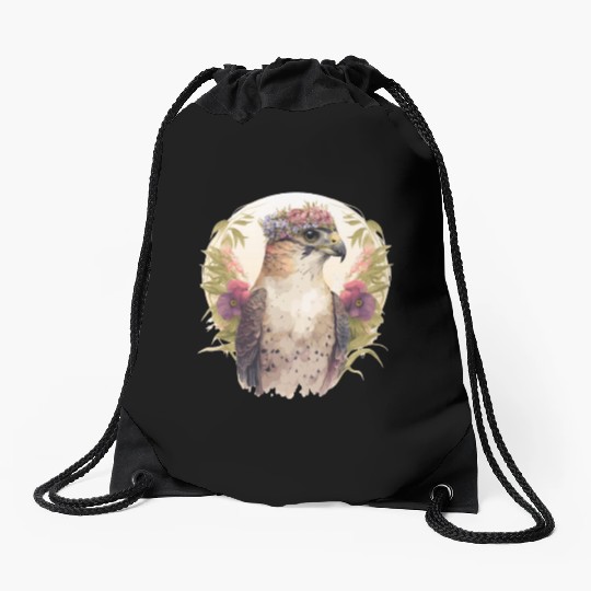 Watercolor Falcon Birds Of Prey Flower Crown Flora Drawstring Bags