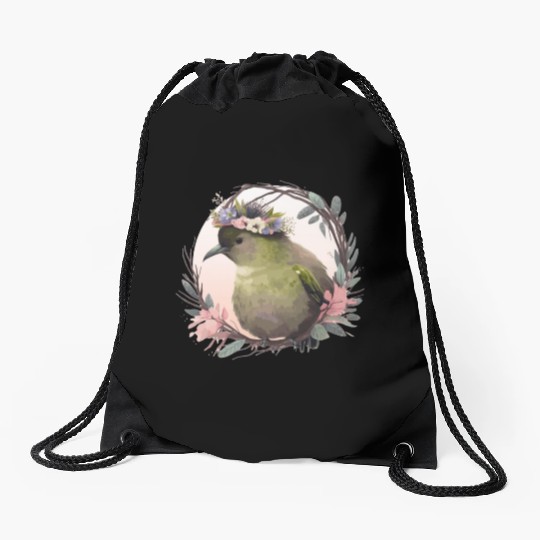 Tropical Kiwi Bird Flower Crown Floral Exotic Bird Drawstring Bags