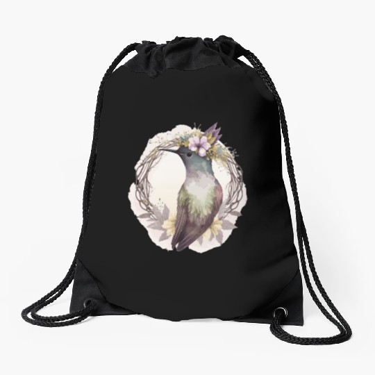 Watercolor Hummingbird Flower Crown Floral Birds Drawstring Bags
