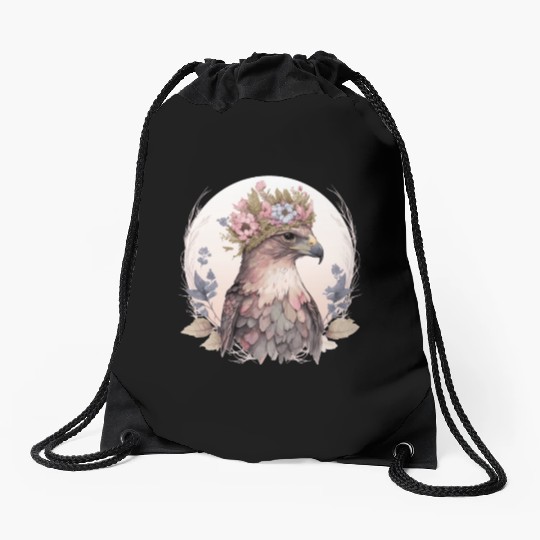 Cute Hawk Bird Of Prey Flower Crown Floral Bird Wa Drawstring Bags