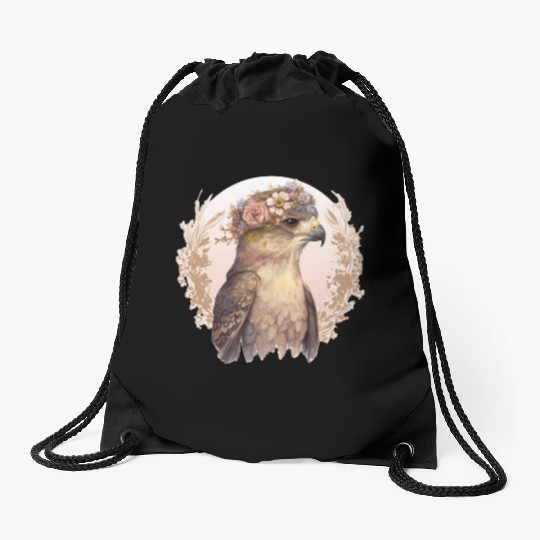 Watercolor Hawk Bird Of Prey Flower Crown Floral B Drawstring Bags