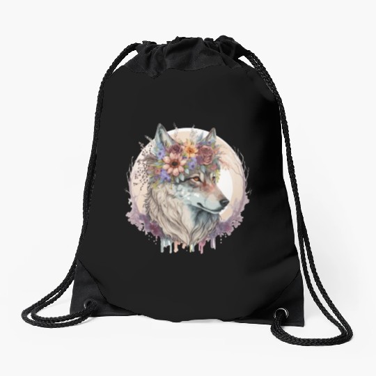 Cute Wolf Flower Crown Boho Aesthetic Animal Lover Drawstring Bags